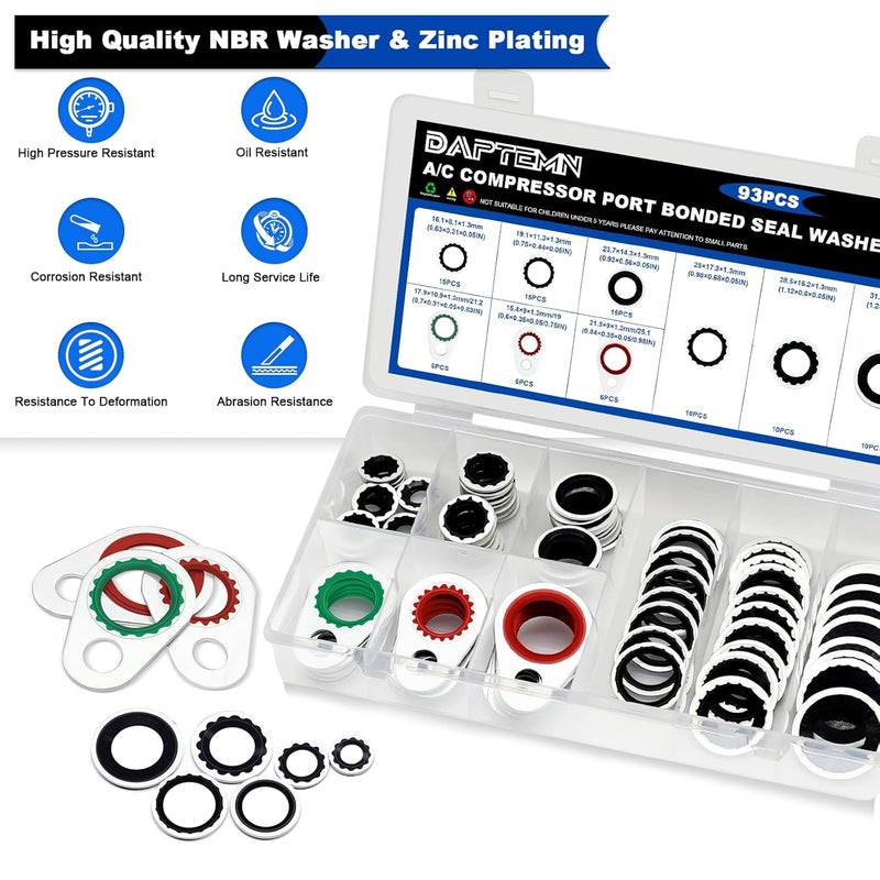 Daptemn 93PCS A/C Compressor Seal Washers Assortment Kit, 9 Sizes Air Conditioning System Compressor Port O-Rings, Replace Universal Automotive Self-Centered Bonded Sealing Washers (ID: 8mm-17.5mm) - Image 4